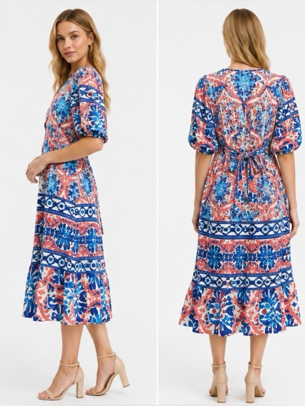 Figueroa & Flower Printed Tie-Back Midi Dress Boho Puff Sleeve NWOT Size Small
